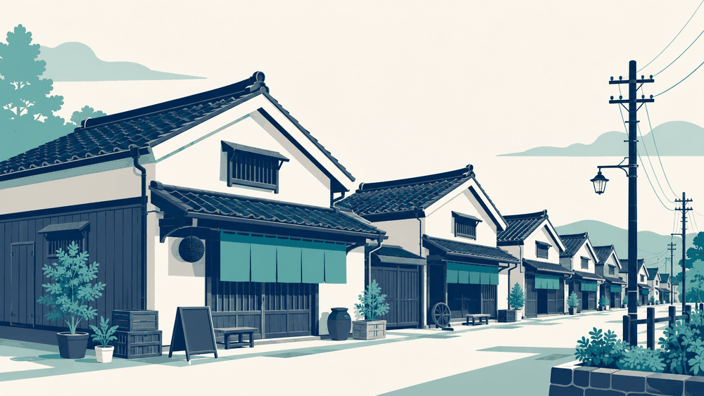 古くから続く小さな町工場と商店が同じ屋根の形で連なる通りのイラスト。受け継がれてきた会社のイメージ